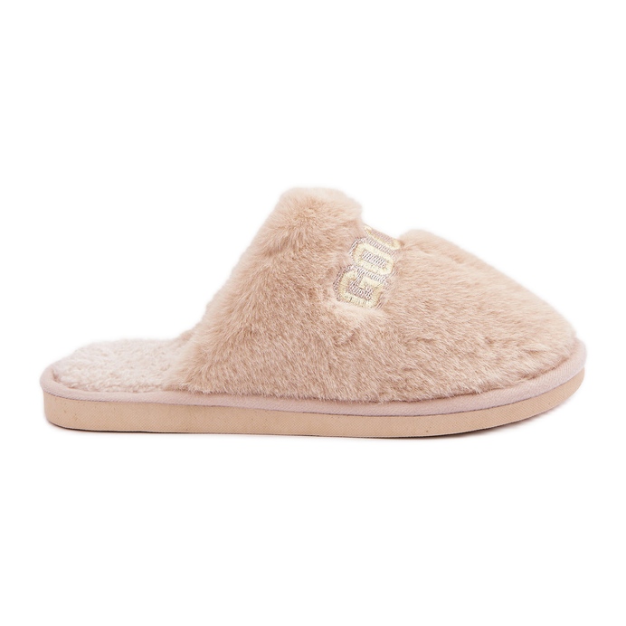 Women's slippers with fur and inscription, beige