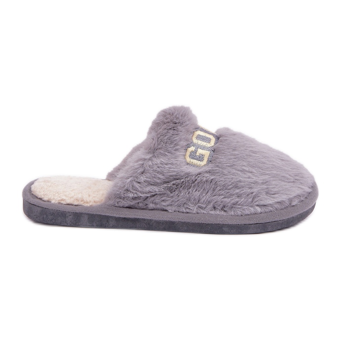Women's slippers with fur and inscription, gray grey