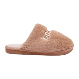 Women's slippers with fur and an inscription beige