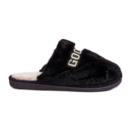 Women's slippers with fur and inscription, black