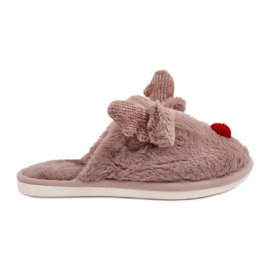Women's Fur Slippers With a Reindeer Pattern, Dark Beige Women's Fur Slippers With a Reindeer Pattern, Dark Beige