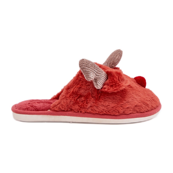 Women's Fur Slippers With a Reindeer Motif, Coral red Women's Fur Slippers With a Reindeer Motif, Coral red