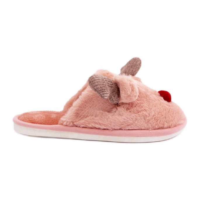 Women's Fur Slippers With a Reindeer Motif, Pink