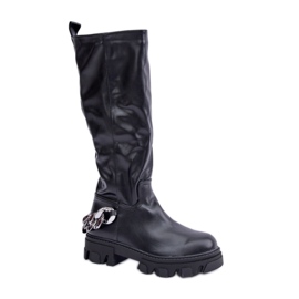 Women's eco-leather boots with a chain, black