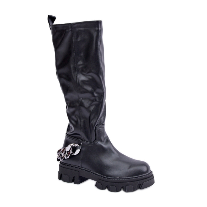 Women's eco-leather boots with a chain, black