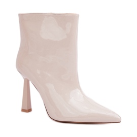 Patent leather women's boots with a high heel, beige