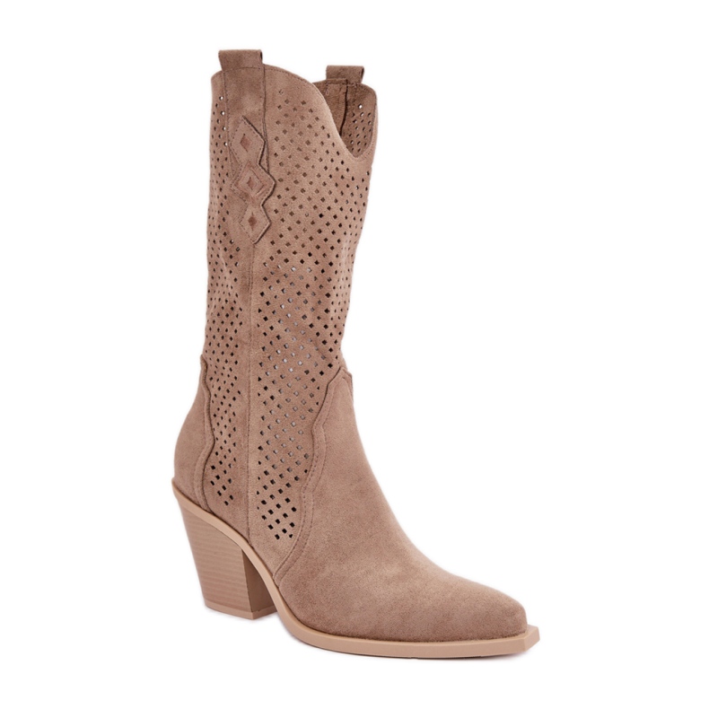 Beige cowboy boots with an openwork upper