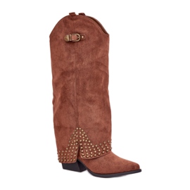 Brown women's boots with a decorative upper