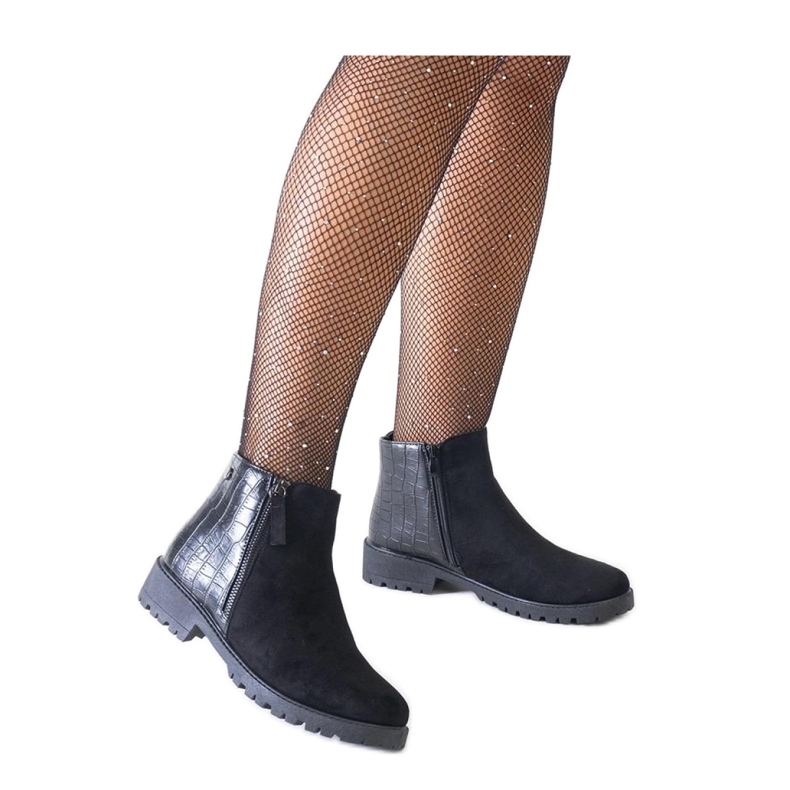 Black ankle boots with a crocodile skin motif, eco-suede Mifsada - Solea
