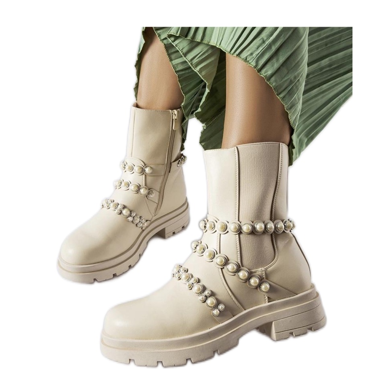 Beige ankle boots decorated with Callicratide pearls - Solea