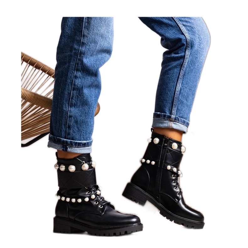 Solea Black women's lace-up ankle boots with pearls