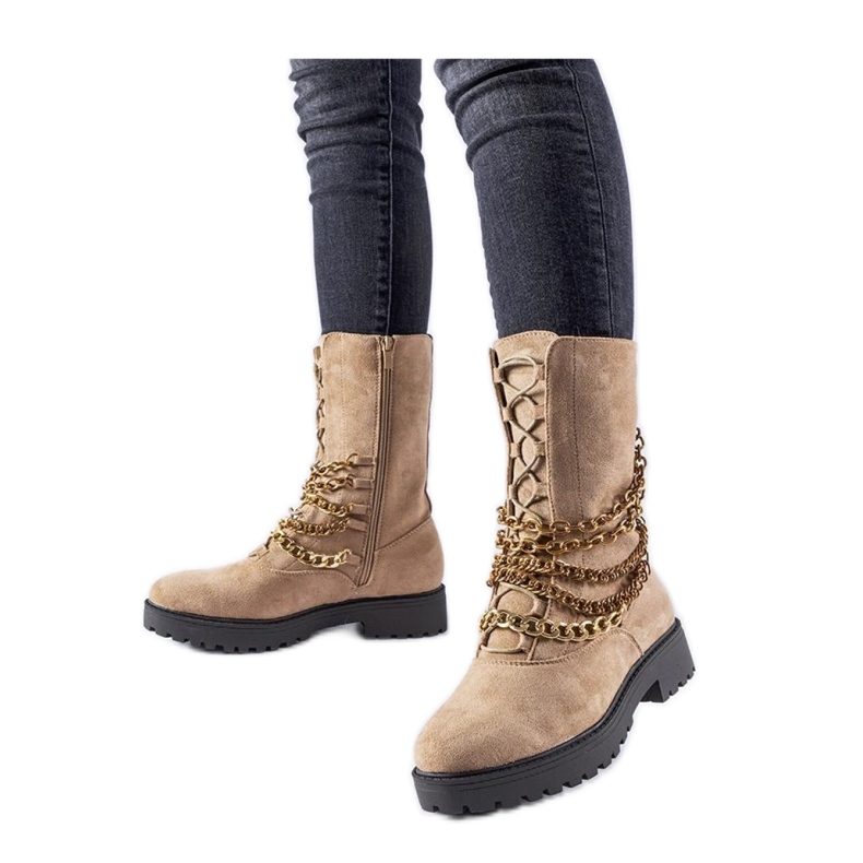 Beige insulated ankle boots with a chain