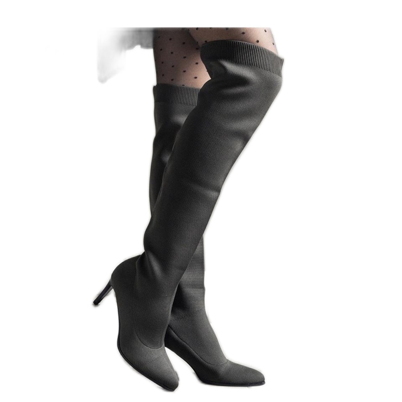 Green slip-on high-heeled boots with an elastic upper