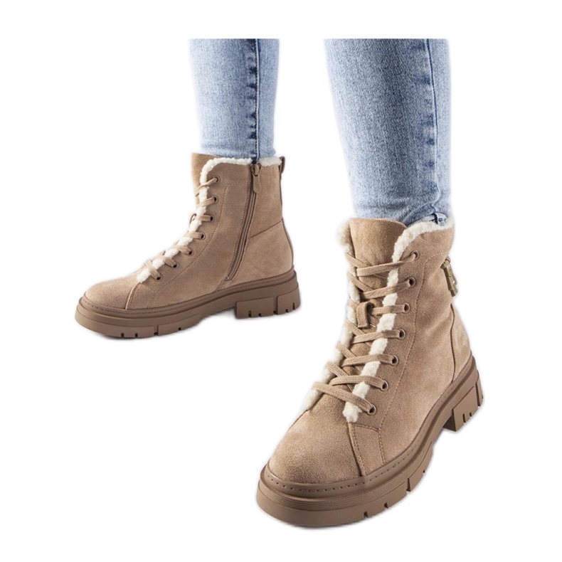Beige insulated ankle boots made of eco-suede