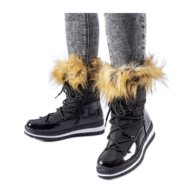 Black patent snow boots with fur