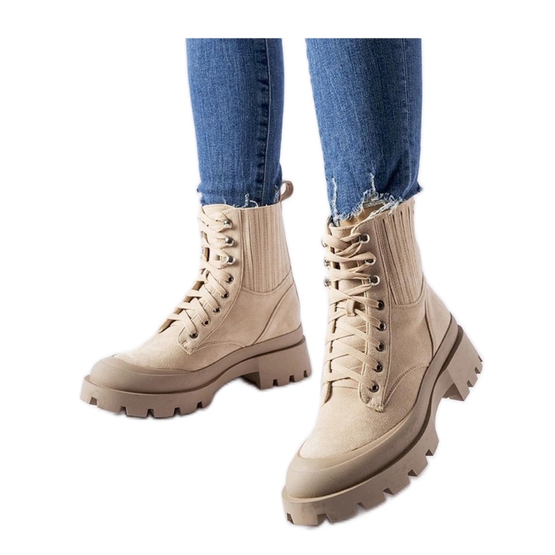 Beige ankle boots made of eco-suede