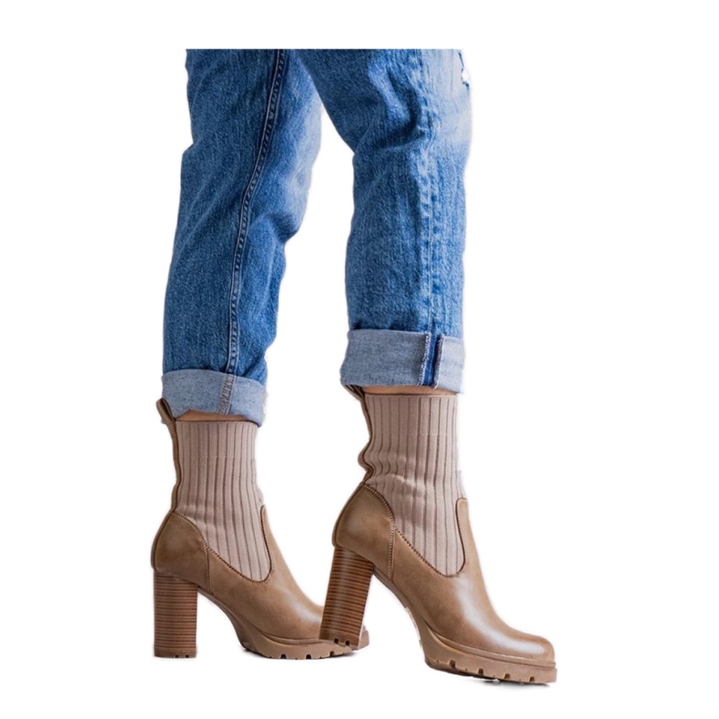 Dark beige ankle boots with a block heel made of eco-leather