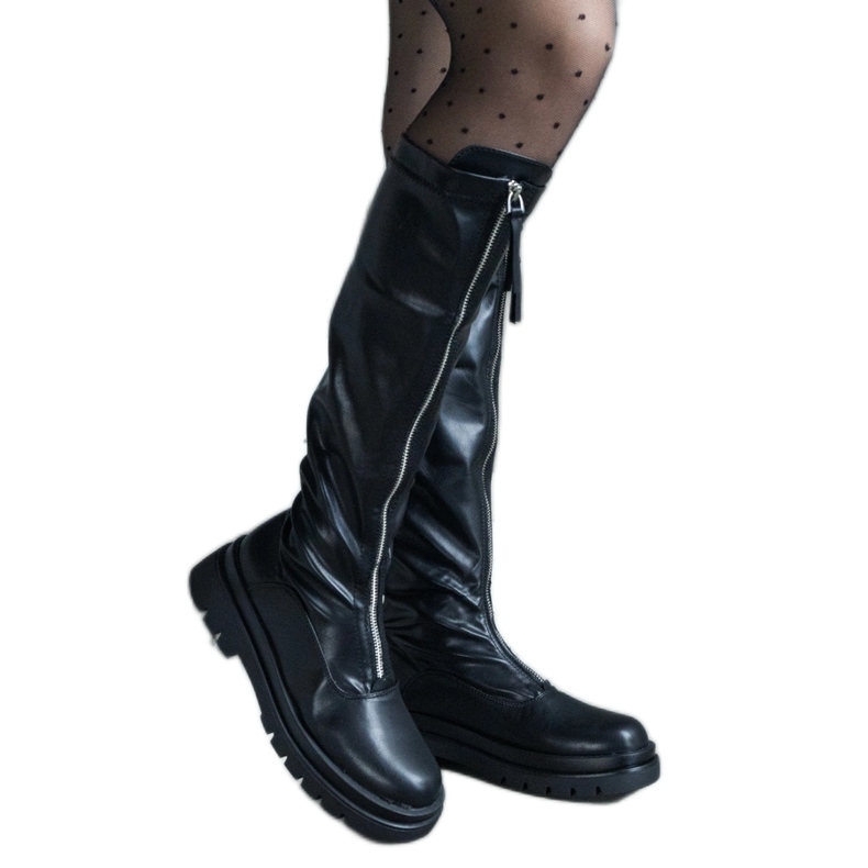 Black eco-leather boots with a flat heel decorated with a zipper