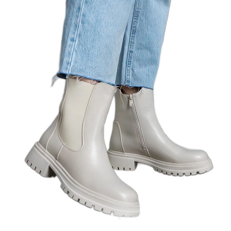 Beige insulated ankle boots with a zipper, eco leather