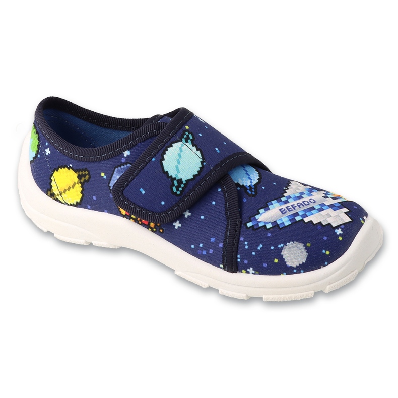 Befado navy blue children's slippers with Velcro 974X578 with decorations