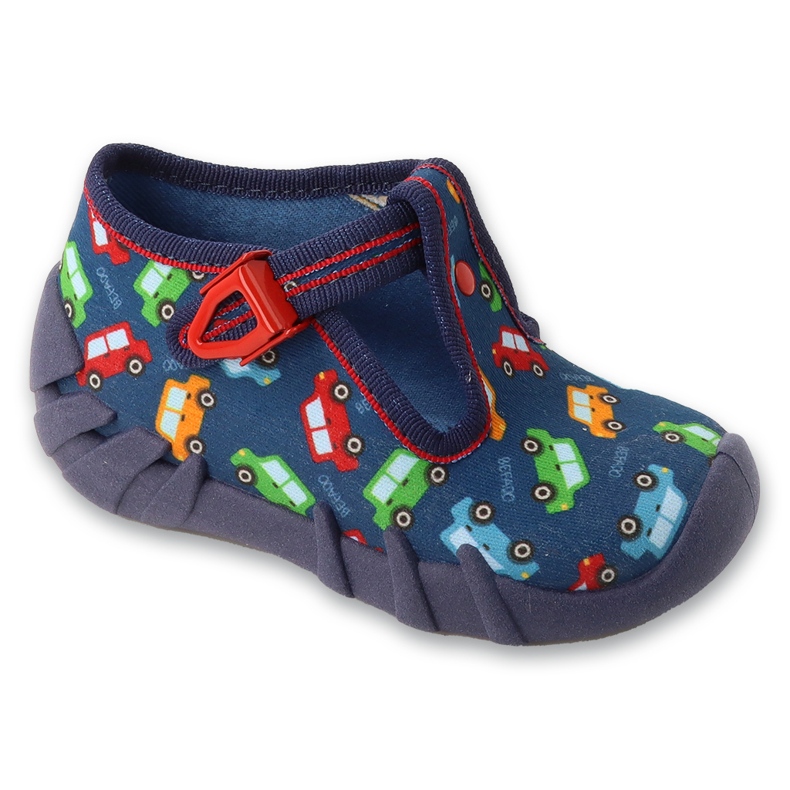 Befado children's slippers with clasps 110P509, navy blue with car patterns