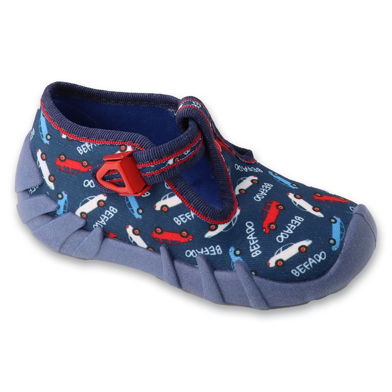 Befado children's slippers with clasps 110P503, navy blue with car patterns
