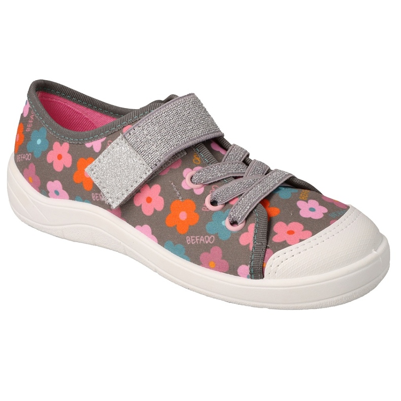 Befado children's slippers with velcro 351Y038, gray with flowers and silver thread grey