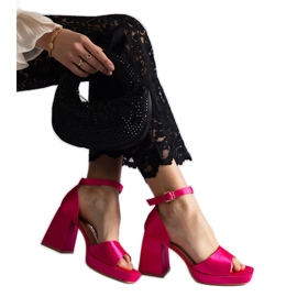 Pink satin women's sandals with a massive heel