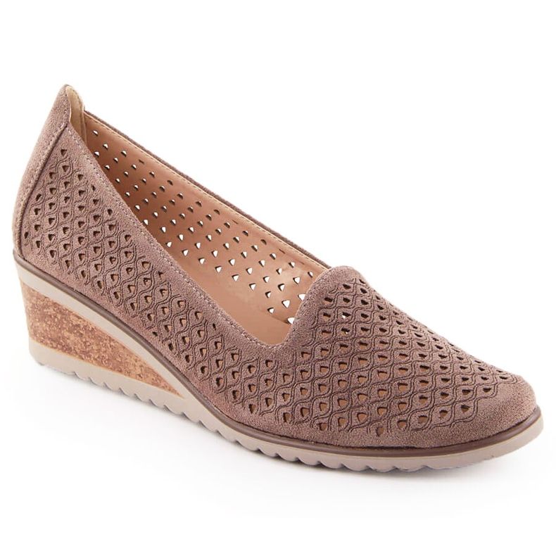 Suede women's openwork wedge shoes, brown, Potocki SZ12306