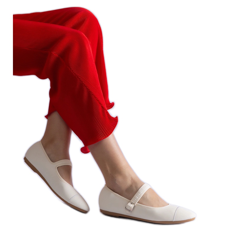 White ballet flats with a matte finish, fastened with a buckle