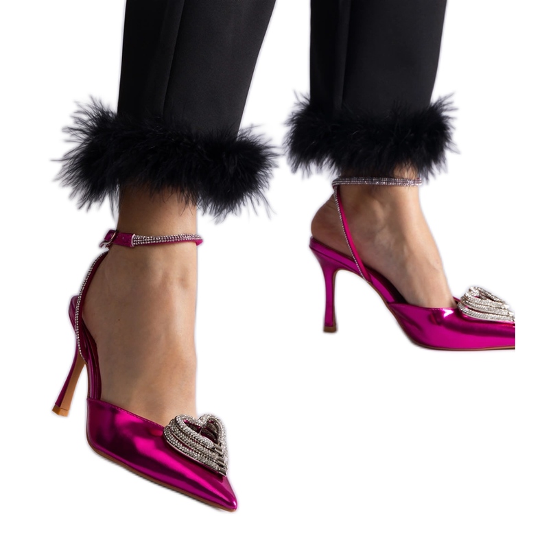 Pink high heels with an open heel decorated with zircons