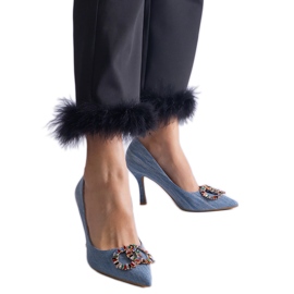 Blue high heels decorated with colorful zircons Blue high heels decorated with colorful zircons