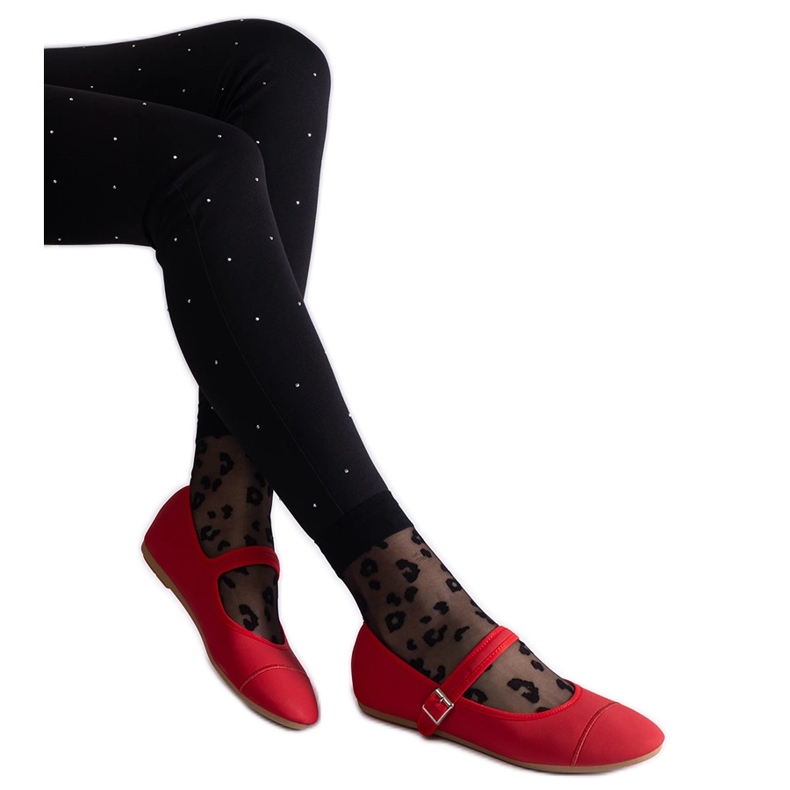 Red ballet flats with a matte finish, fastened with a buckle
