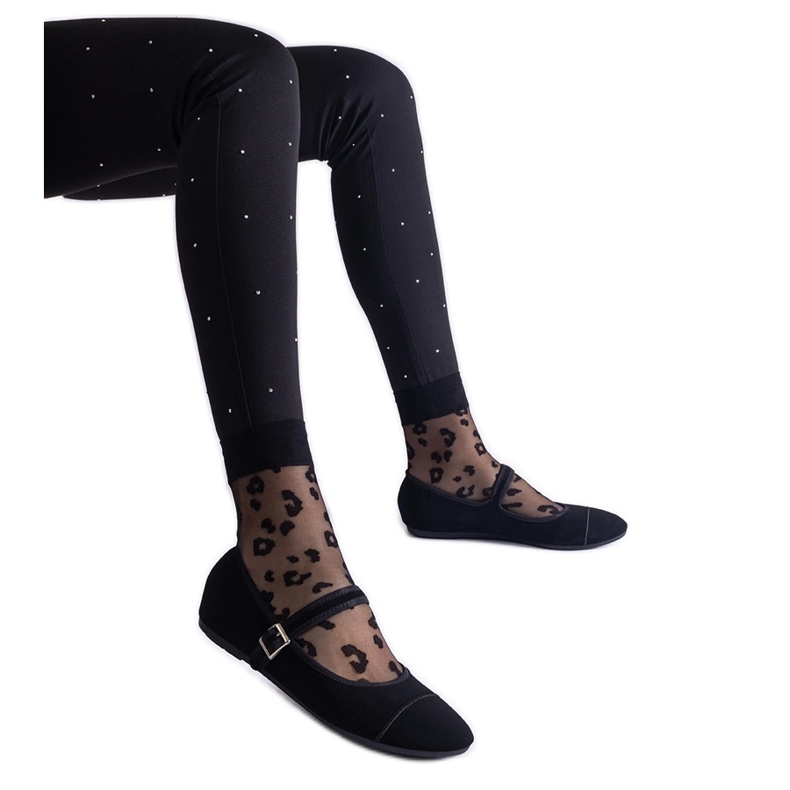 Black ballet flats with a matte finish, fastened with a buckle