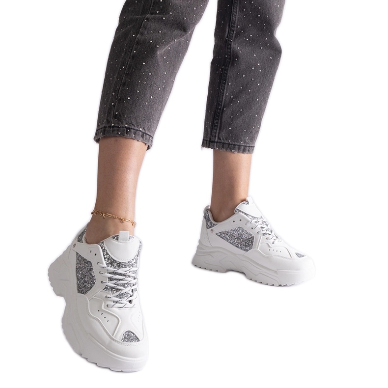White women's sneakers with glitter inserts