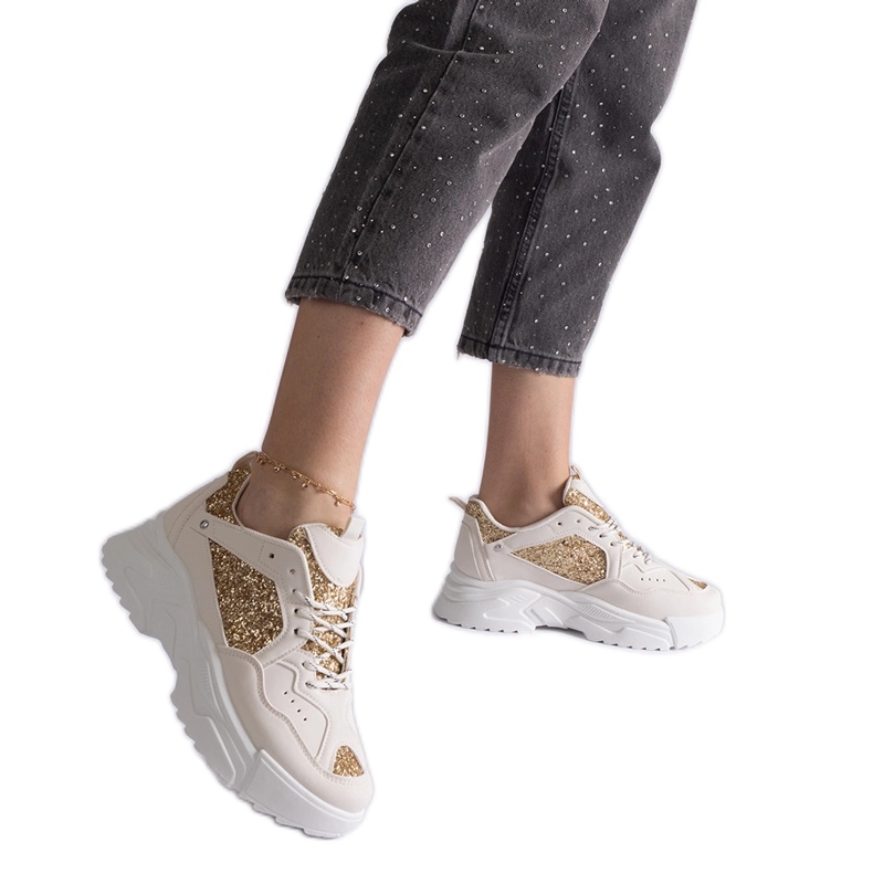 Beige women's sneakers with glitter inserts