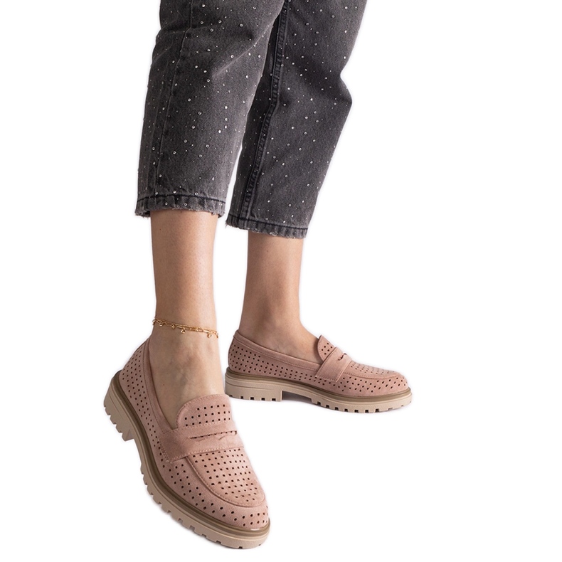 Pink openwork moccasins made of eco suede
