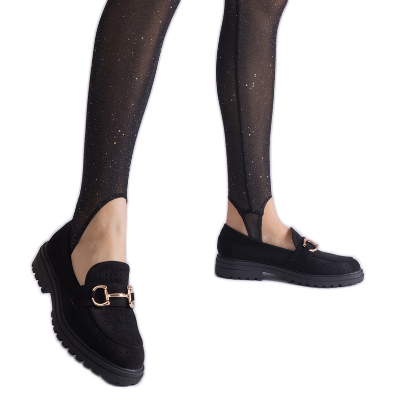 Black openwork loafers with eco suede with a firing
