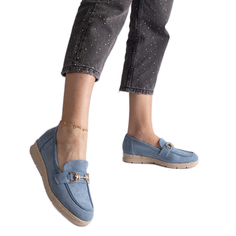 Blue women's loafers with eco suede with a chain
