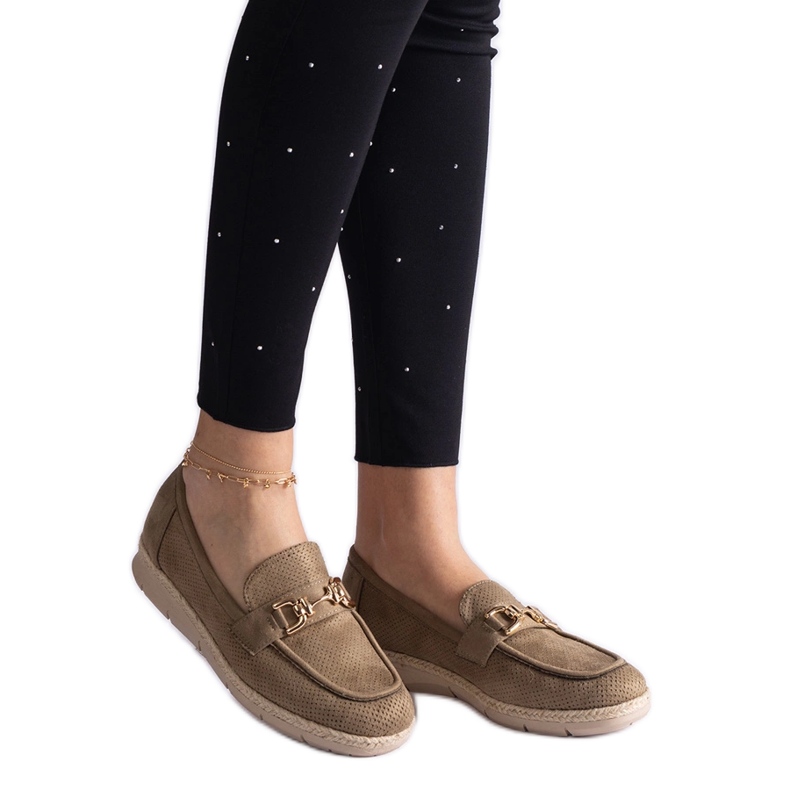 Green women's moccasins with eco suede with a chain