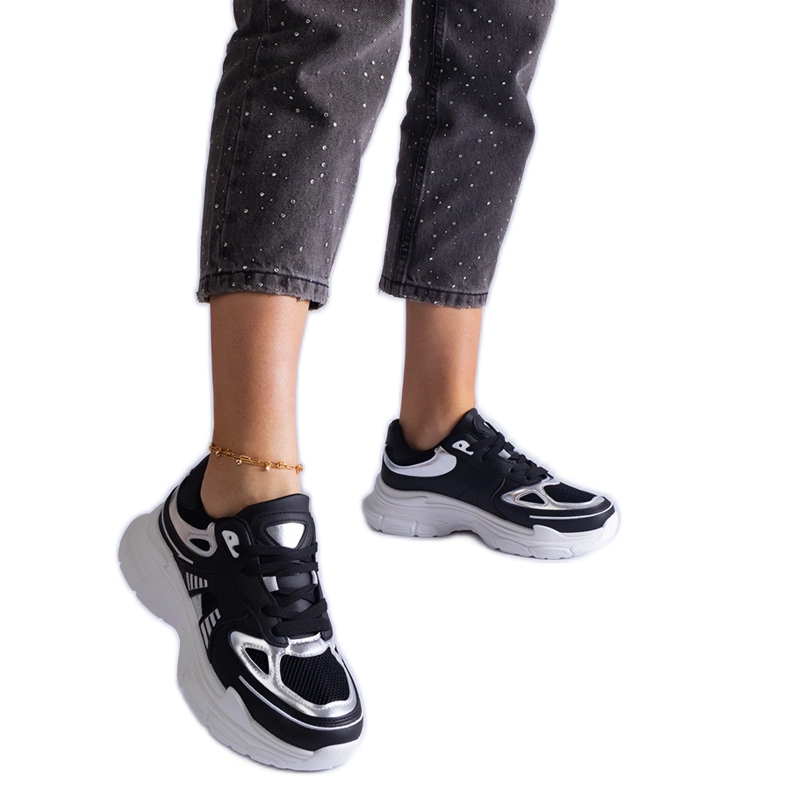 Black women's sneakers with silver inserts