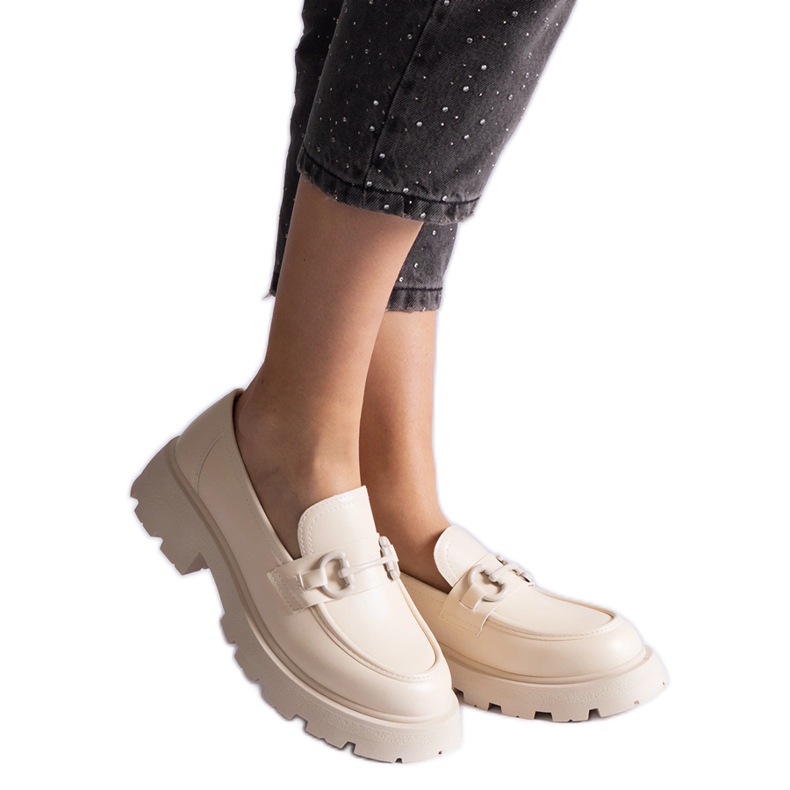 Beige eco-leather moccasins with gold decoration Beige eco-leather moccasins with gold decoration