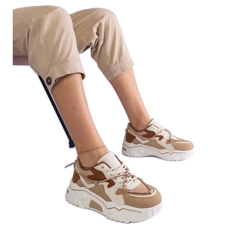 Brown sneakers decorated with a zircon string beige