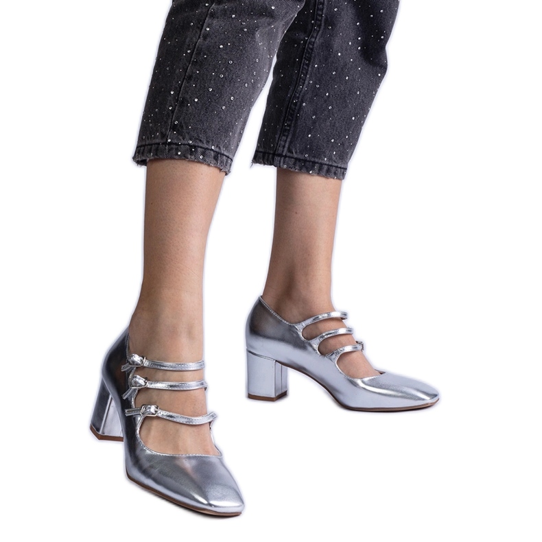 Silver pumps on a post with decorative metallic buckles
