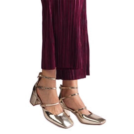 Golden pumps varnished on a post with buckles