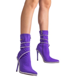 Violet satin boots decorated with zircons purple
