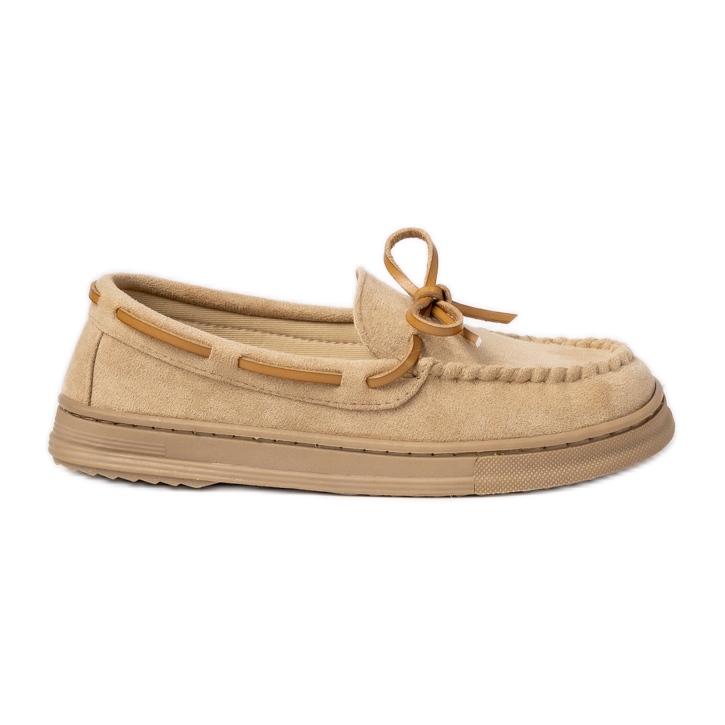 Women's beige suede loafers with a bow