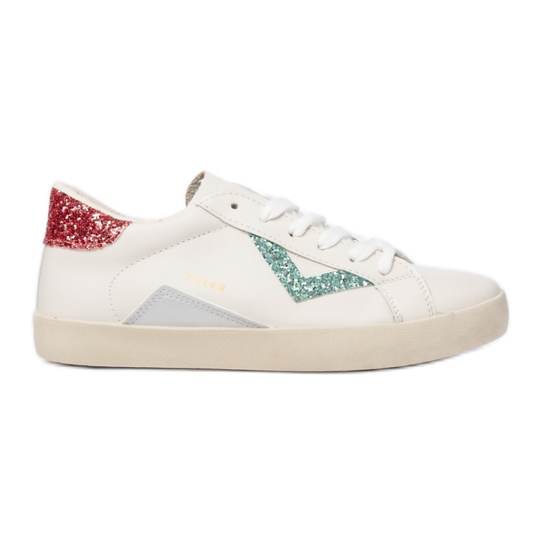 Women's white sneakers, pink green inserts