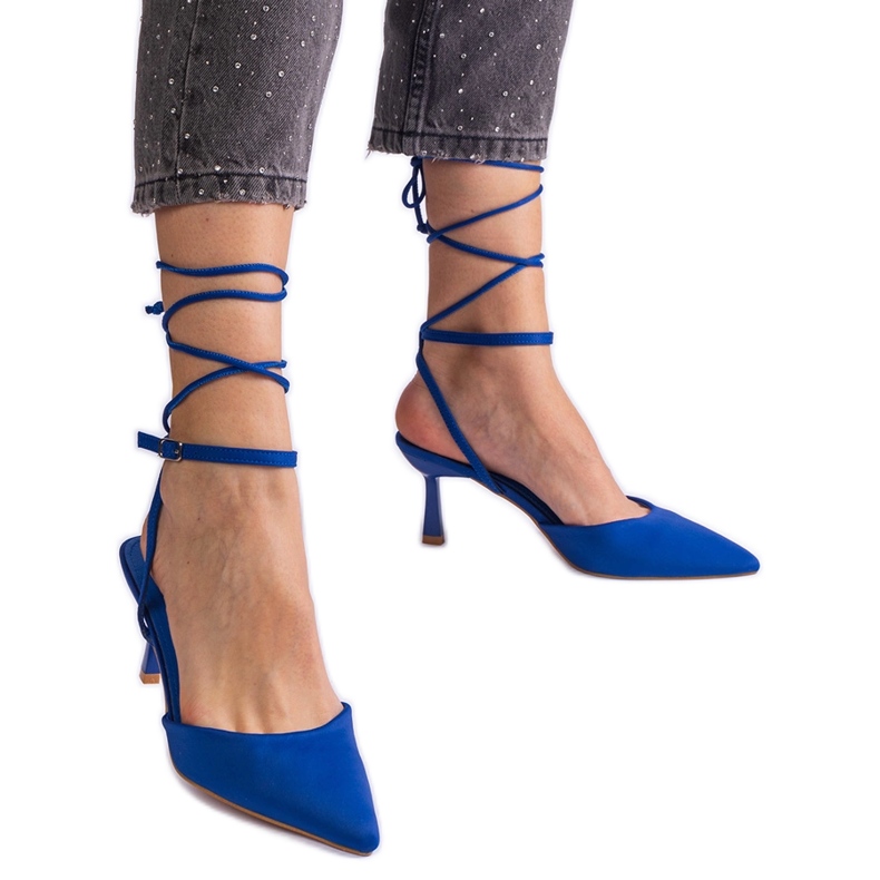 Blue high heels with an open heel tied around the ankle