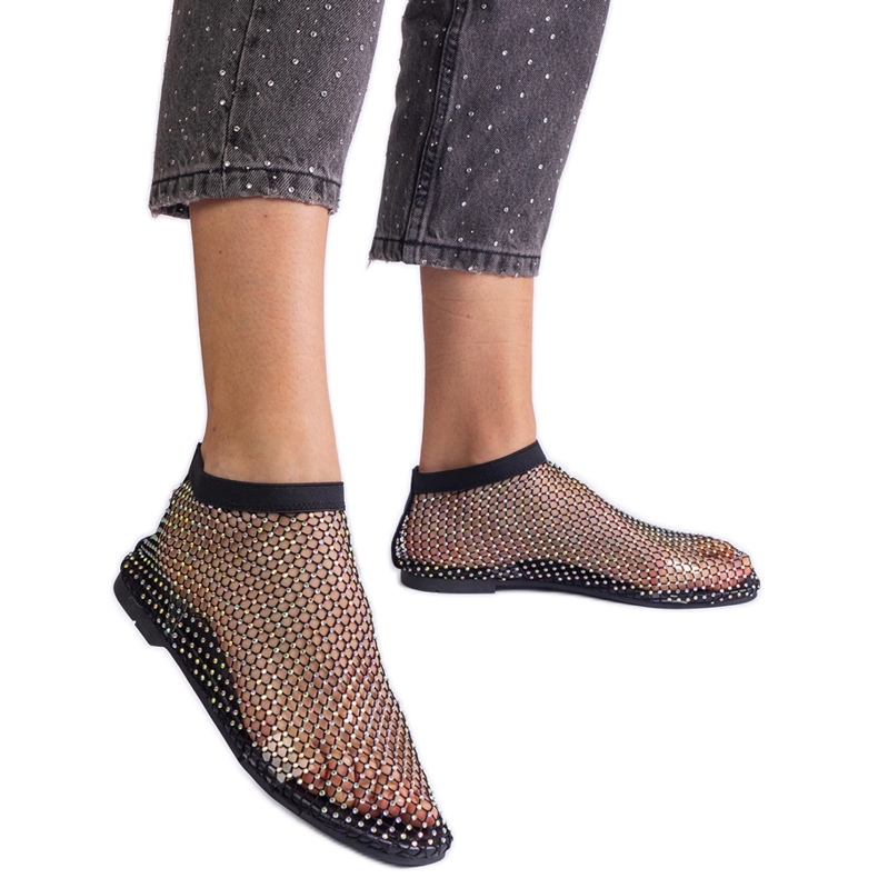 Black mesh sandals with zircons